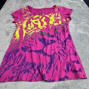 Y2K Miley Cyrus/Max Azaria Lion Graphic Tee Pink Neon Yellow Shirt Women Sz M
